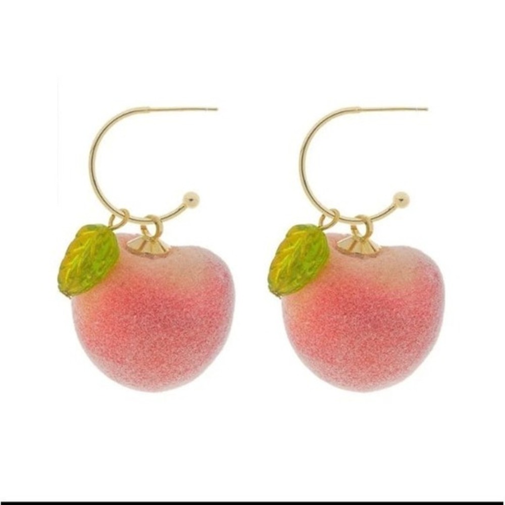 Pink Fuzzy Peach Earrings with Green Leaf Charm – Cute Fruit Hoop Jewelry‎ new